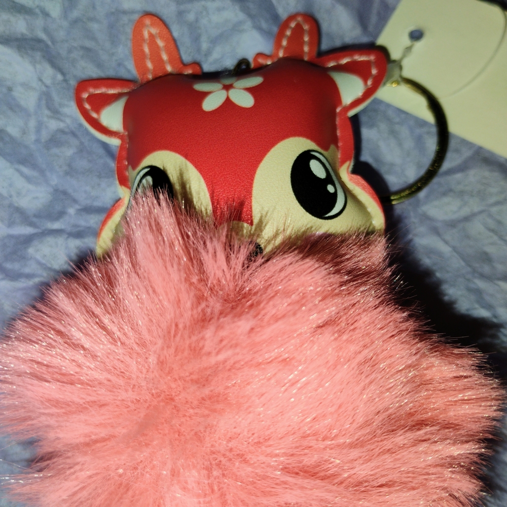 Source Unknown Red Deer Key & Card Holder with Pink Pom